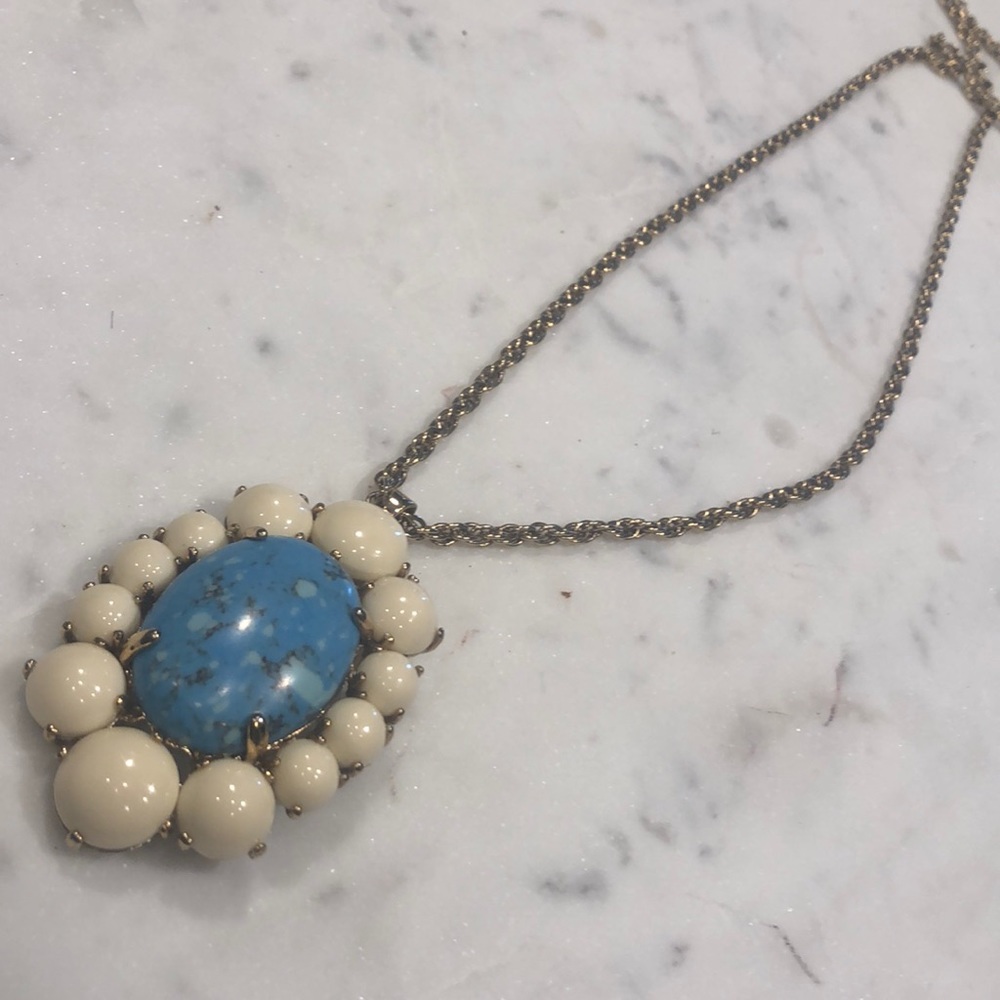 White, blue, & gold statement pendant necklace